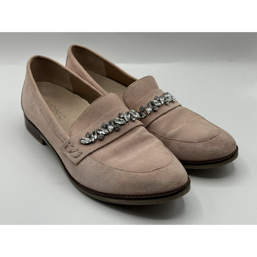 Vionic Avvy Loafers Pink Size 8.5 Suede Jewel Rhinestone Silver Comfort Slip On
